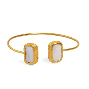 Double Pearl Stone Open Cuff Bangle Gold Bracelet