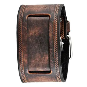 Double Stitched Embossed Distressed Brown Leather Wide Cuff BUIN