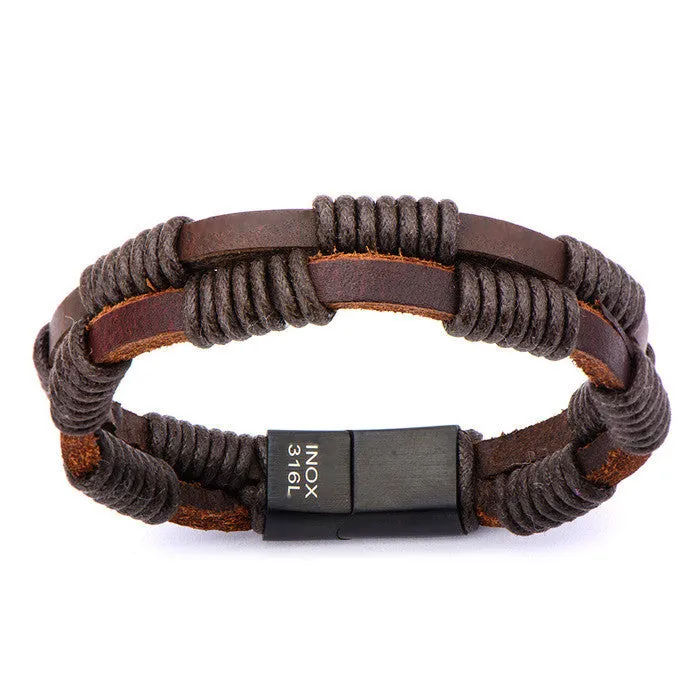 Double Strap Brown Leather Bracelet Wrapped w/ Black Rope