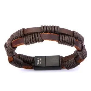 Double Strap Brown Leather Bracelet Wrapped w/ Black Rope
