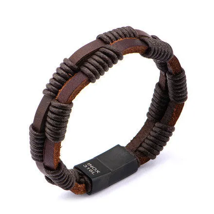 Double Strap Brown Leather Bracelet Wrapped w/ Black Rope