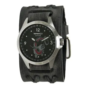 Dragon Sapphire Crystal Black Watch with Double X Distressed Black Leather Wide Cuff DXB250D