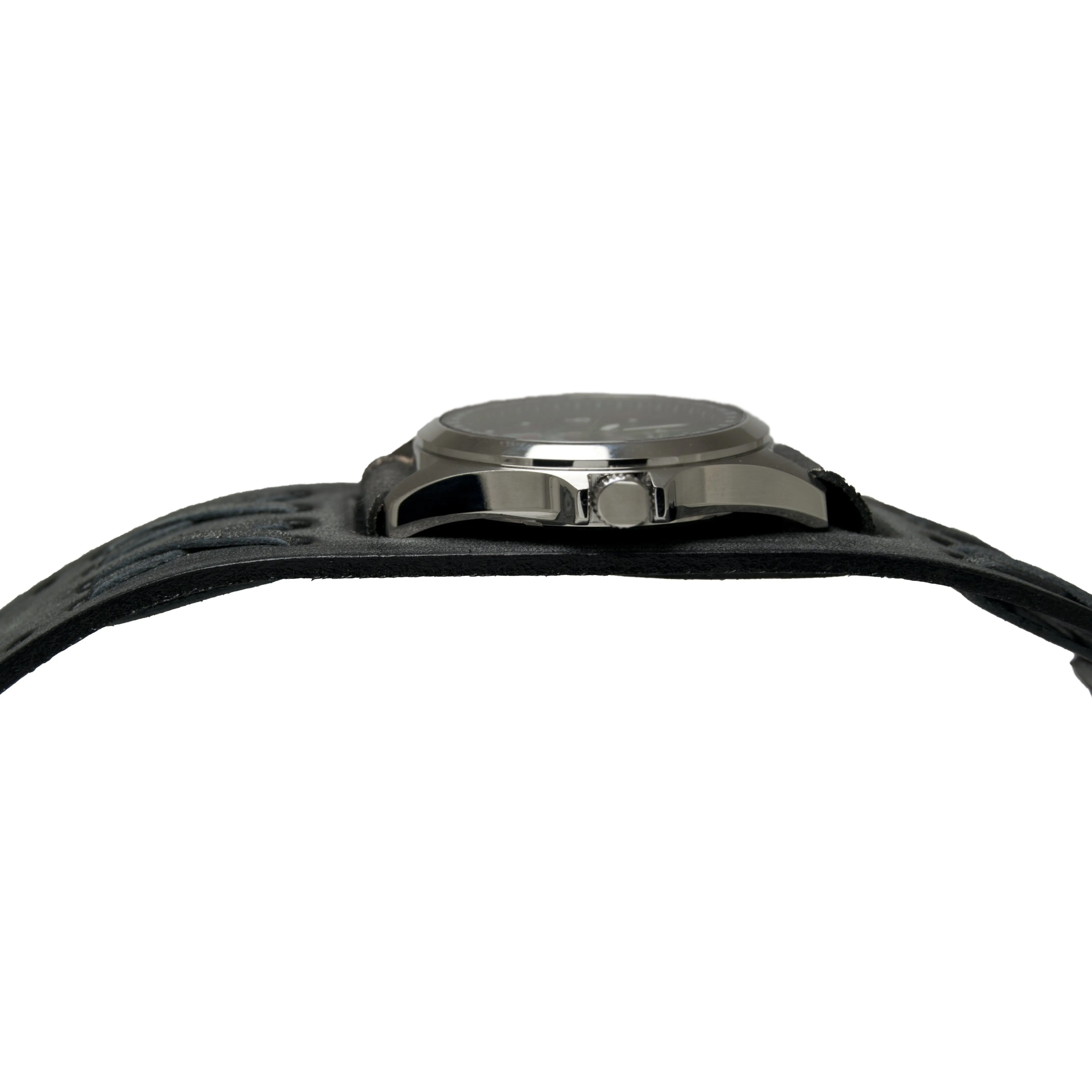 Dragon Sapphire Crystal Black Watch with Double X Distressed Black Leather Wide Cuff DXB250D