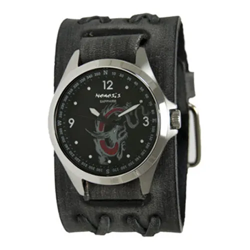 Dragon Sapphire Crystal Black Watch with Double X Distressed Black Leather Wide Cuff DXB250D