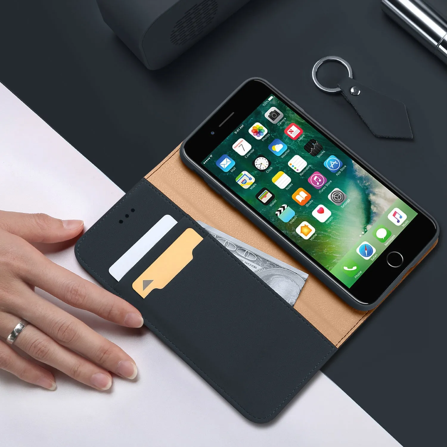 DUX DUCIS For iPhone 7 Plus/8Plus Luxury Genuine Leather Magnetic Flip Cover Full Protective Case with Bracket Card Slot blue