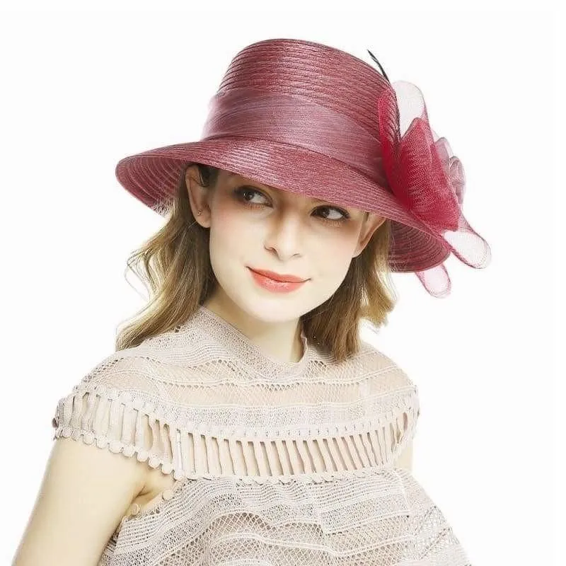 Elegant Big Bow Feather Flower Summer Khaki Color Yarn Church Fedoras Hats