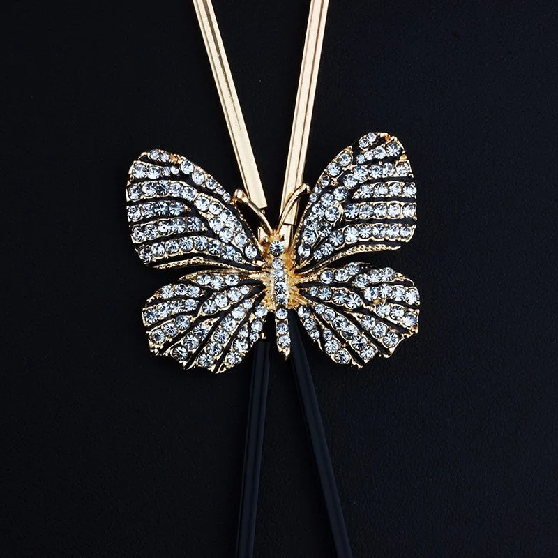 Elegant Butterfly Long Beaded Chain Tassel  Rhinestone Necklace