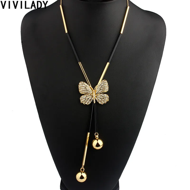 Elegant Butterfly Long Beaded Chain Tassel  Rhinestone Necklace