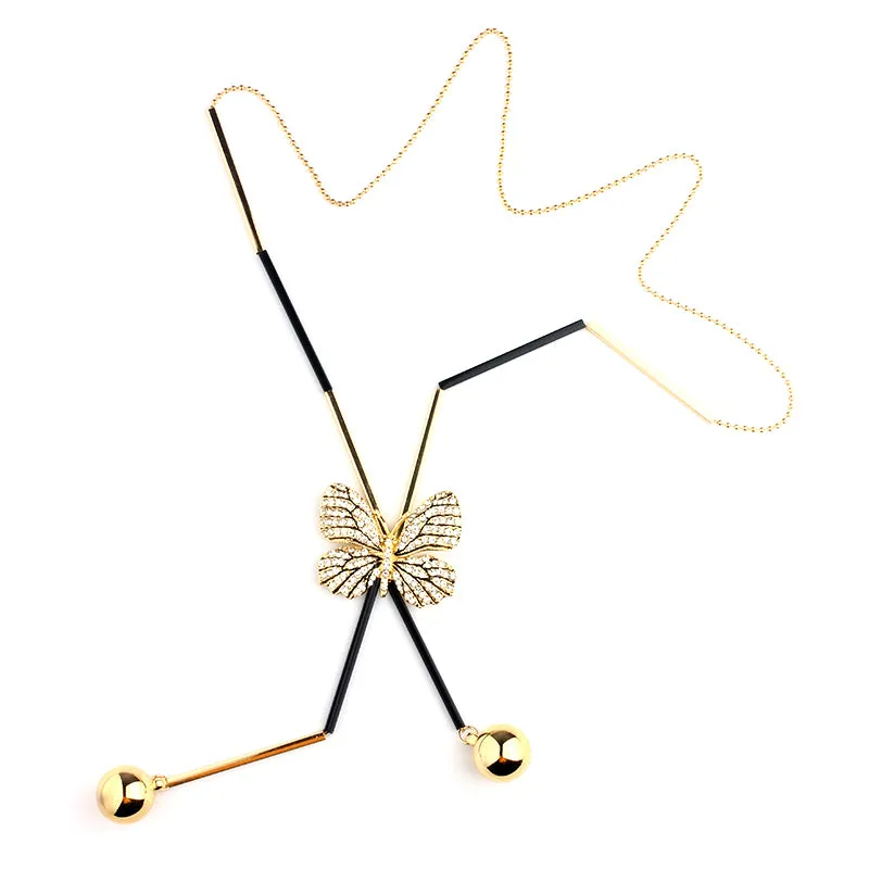 Elegant Butterfly Long Beaded Chain Tassel  Rhinestone Necklace