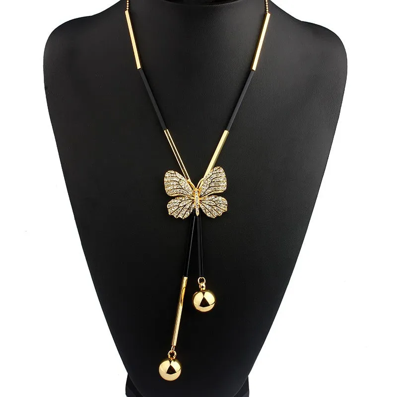 Elegant Butterfly Long Beaded Chain Tassel  Rhinestone Necklace