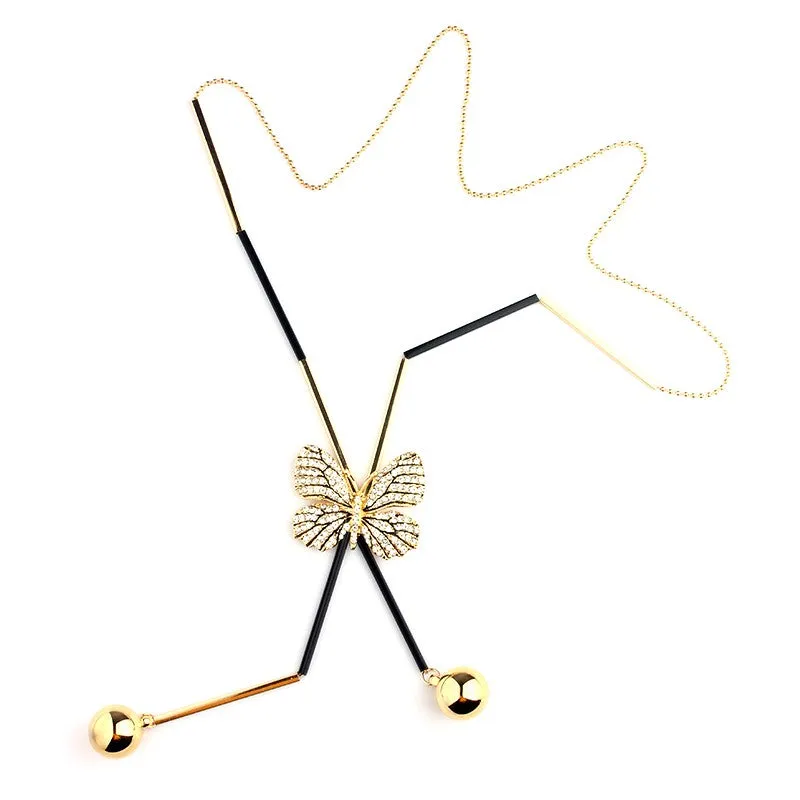 Elegant Butterfly Long Beaded Chain Tassel  Rhinestone Necklace