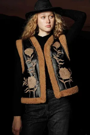 Embroidered Camel Cowboy Vest – Teddy Fleece Lining, Floral Embroidery, Faux Leather, Western Style