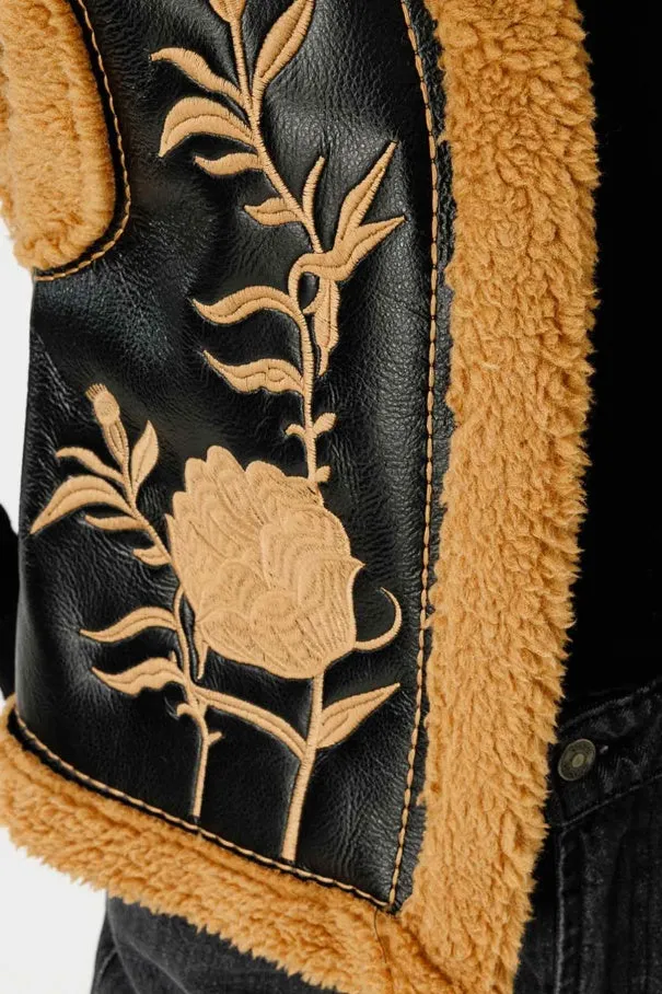 Embroidered Camel Cowboy Vest – Teddy Fleece Lining, Floral Embroidery, Faux Leather, Western Style