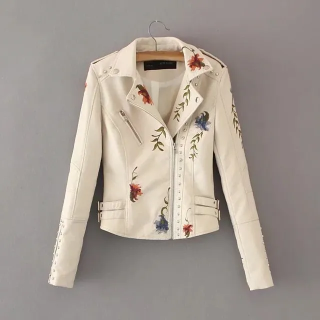 Embroidery faux leather PU Jacket Women  coat Outerwear