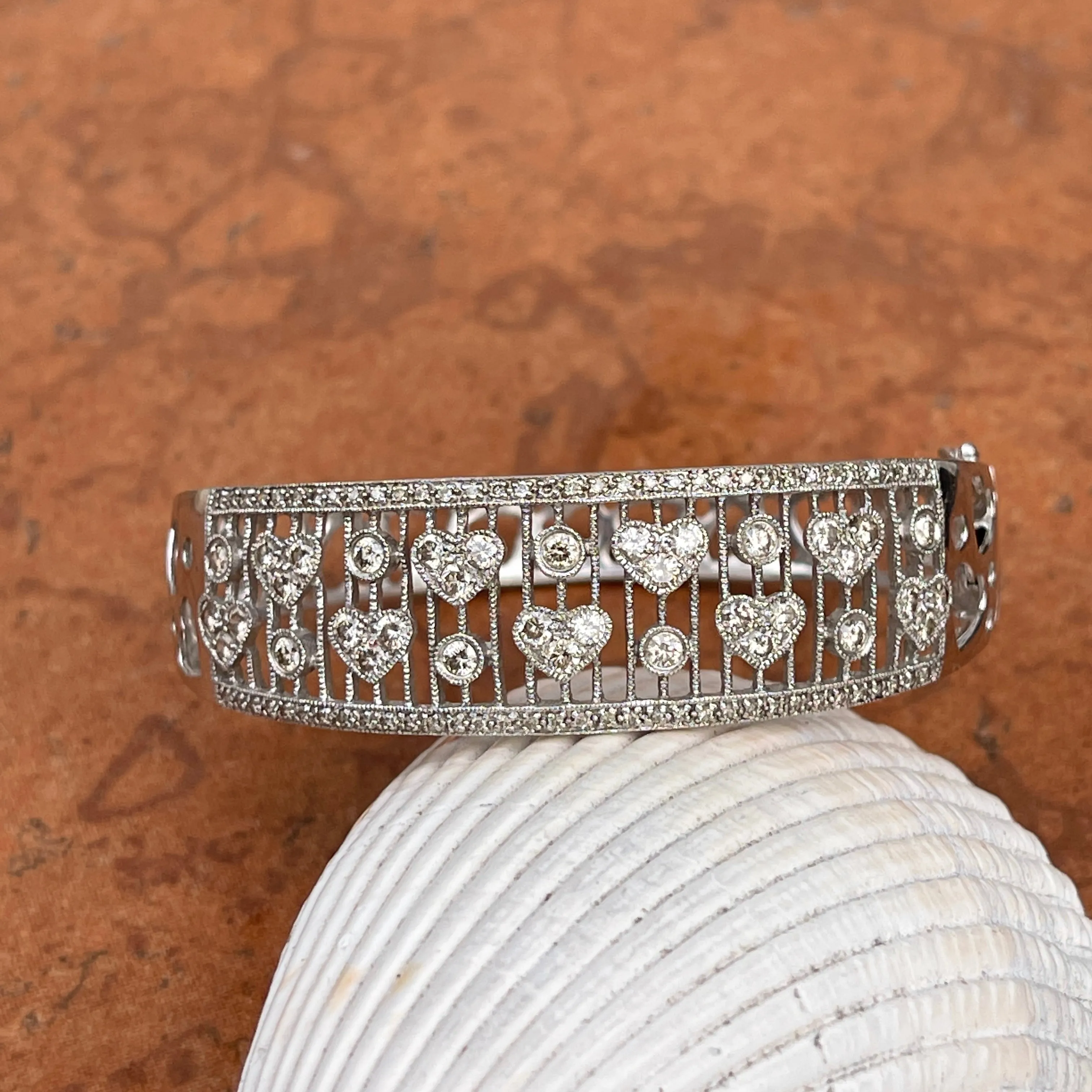 Estate 14KT White Gold Filigree Pave Diamond Hearts Hinged Bangle Cuff Bracelet