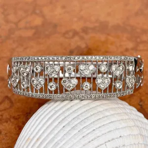 Estate 14KT White Gold Filigree Pave Diamond Hearts Hinged Bangle Cuff Bracelet