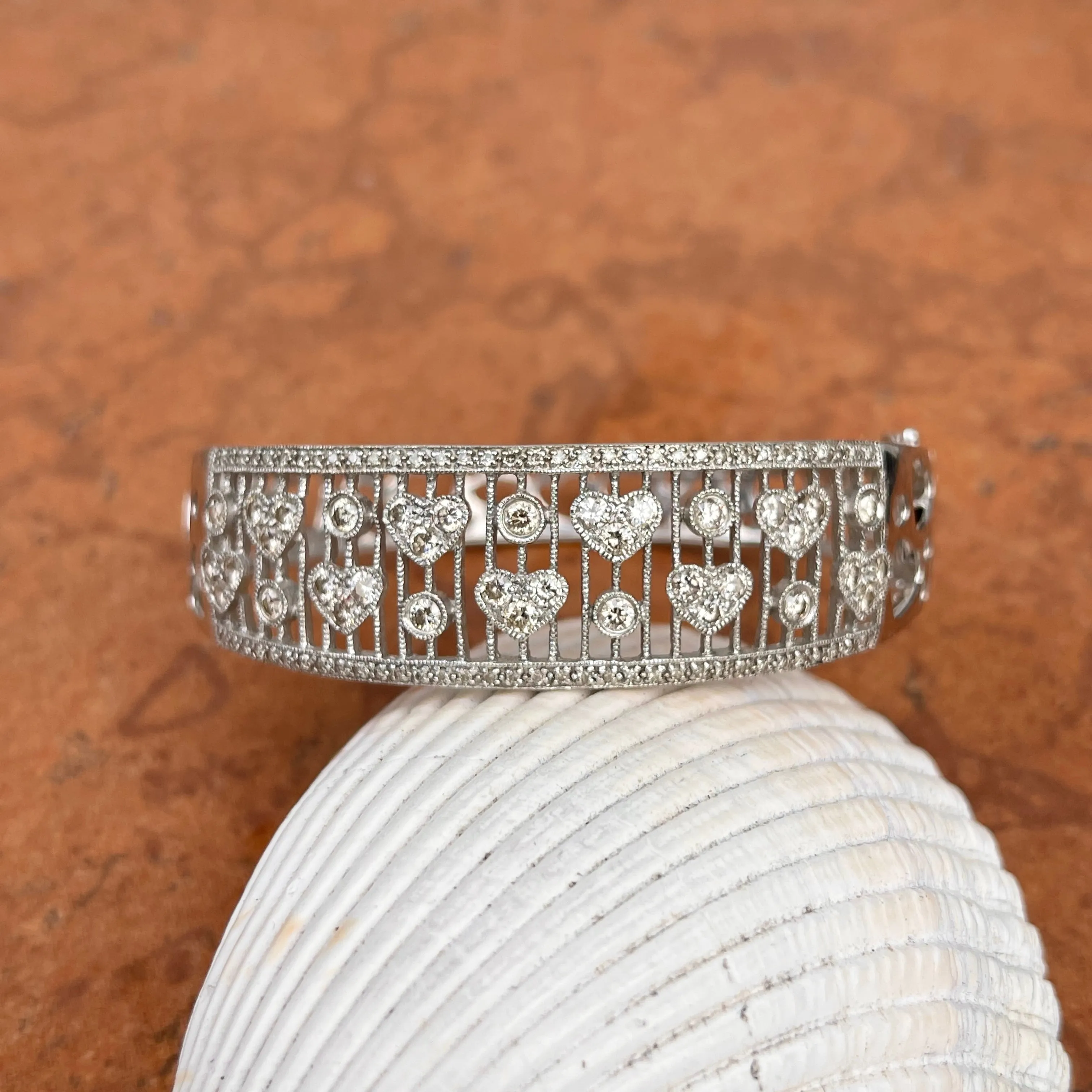 Estate 14KT White Gold Filigree Pave Diamond Hearts Hinged Bangle Cuff Bracelet