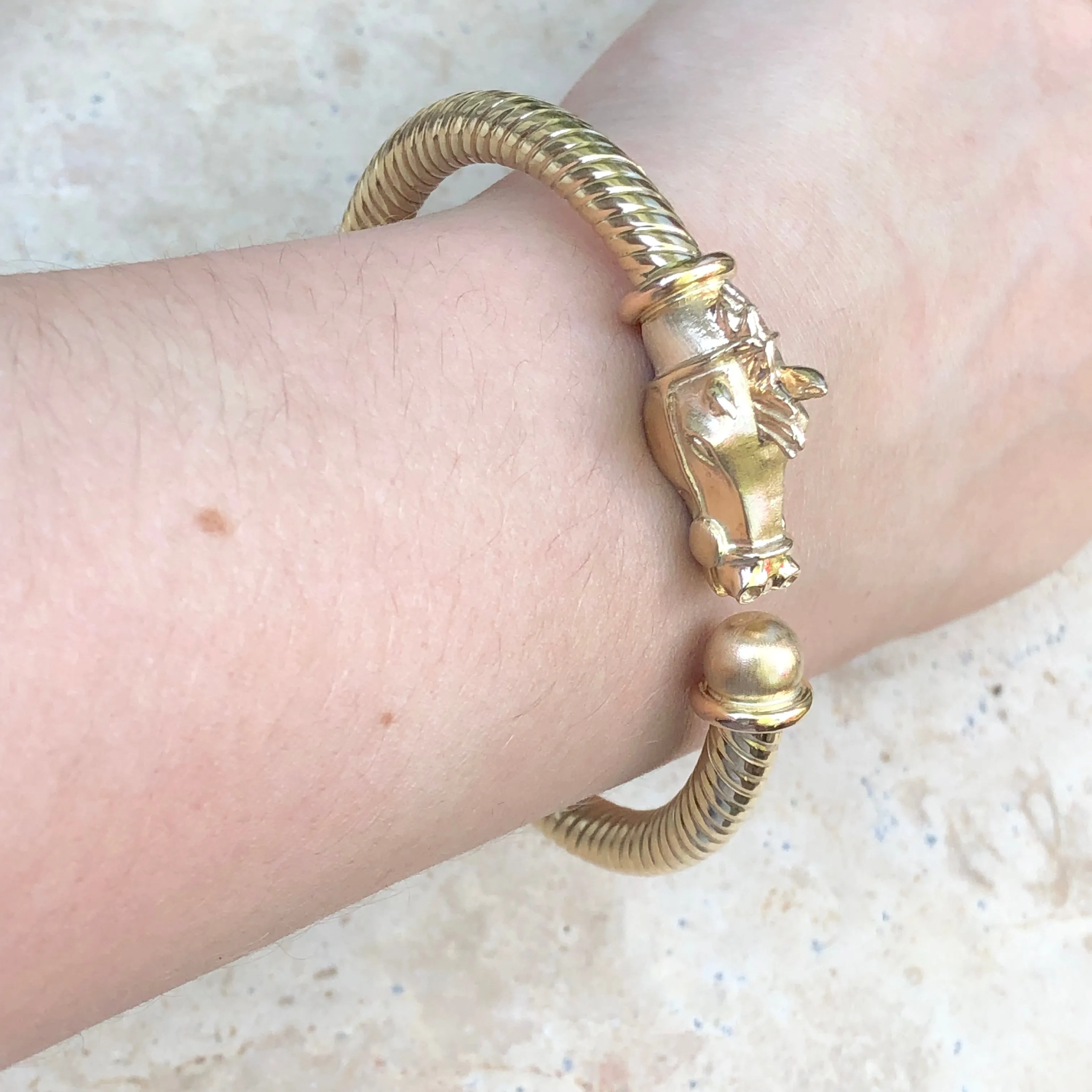 Estate 14KT Yellow Gold Coiled Horse Head Cuff Bangle Bracelet