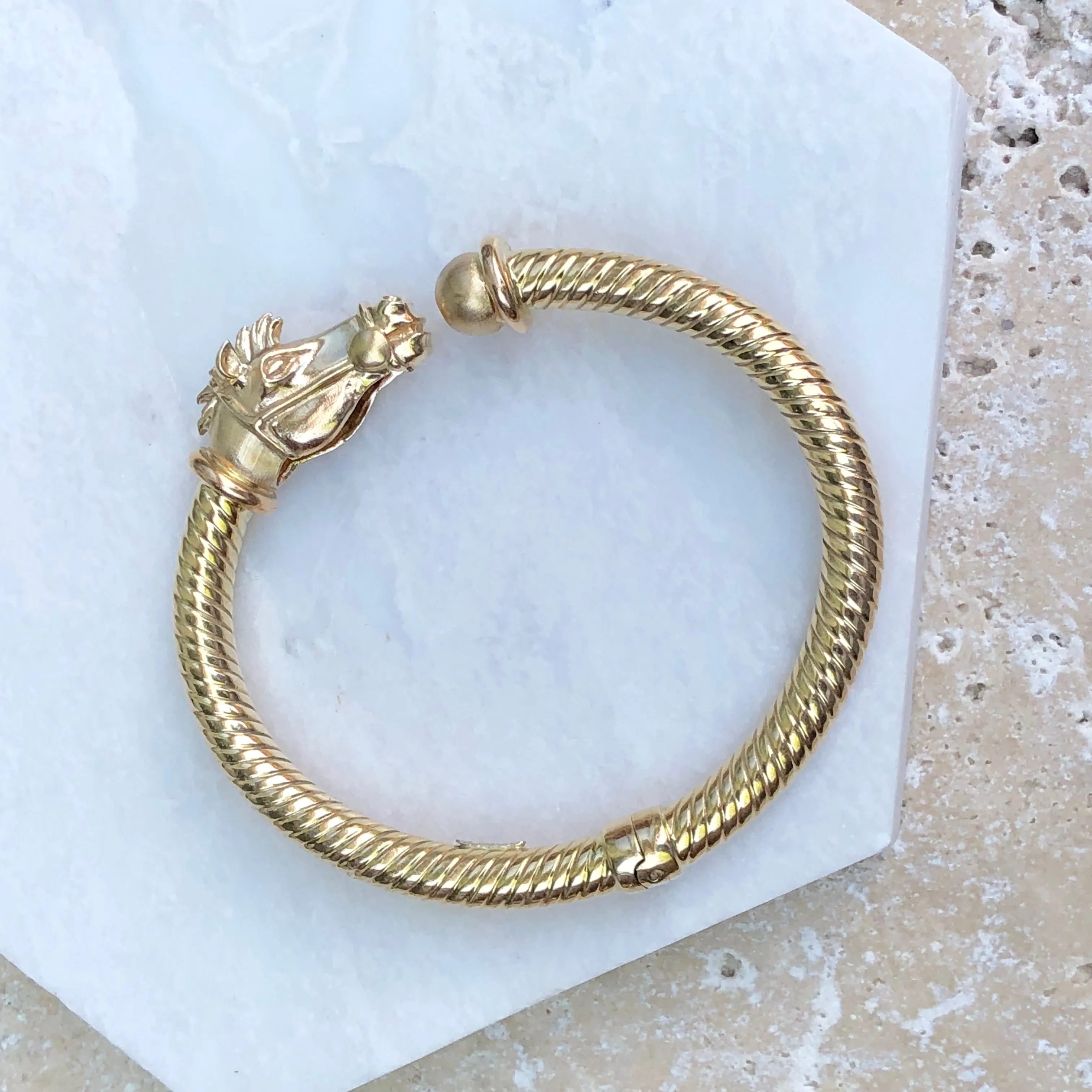 Estate 14KT Yellow Gold Coiled Horse Head Cuff Bangle Bracelet