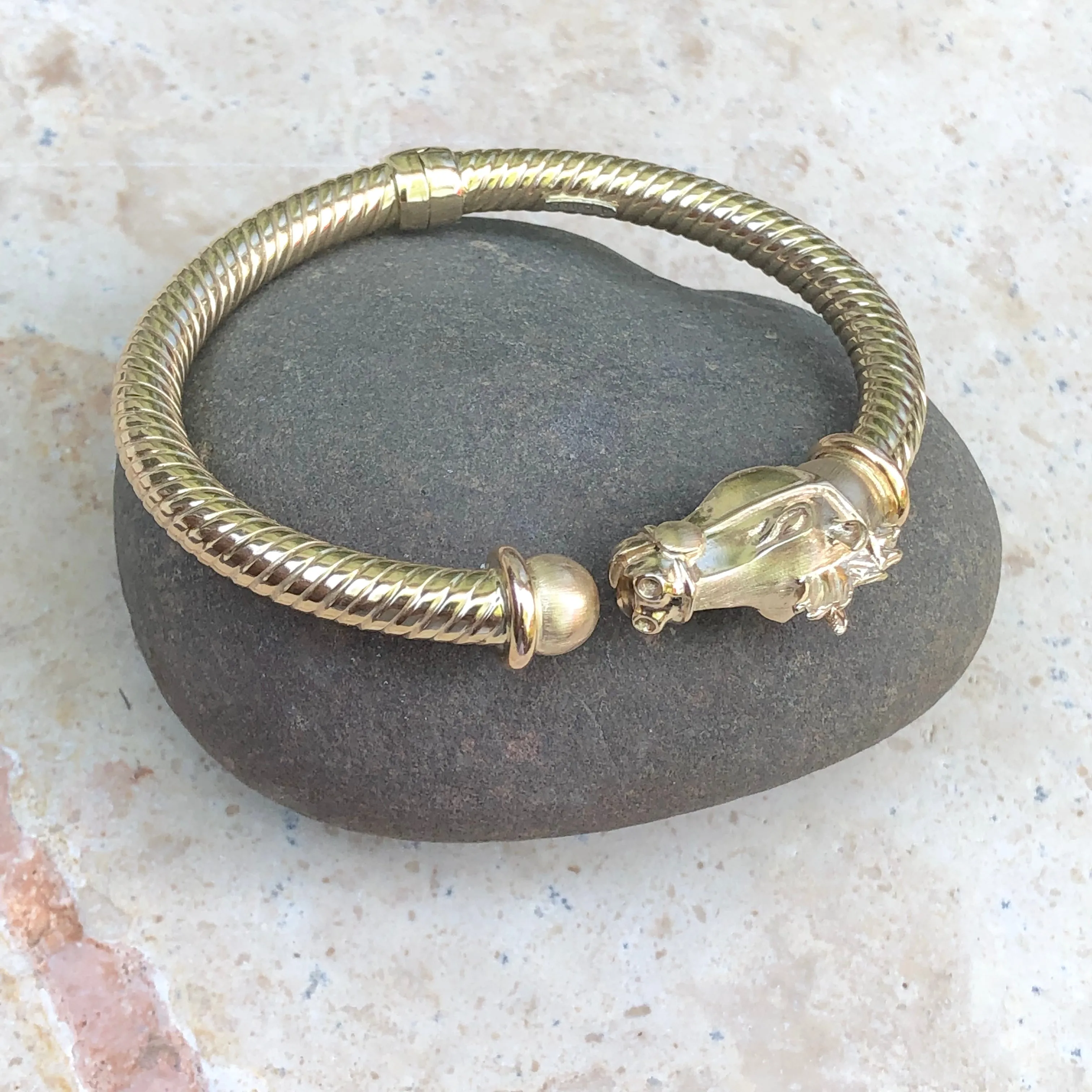 Estate 14KT Yellow Gold Coiled Horse Head Cuff Bangle Bracelet