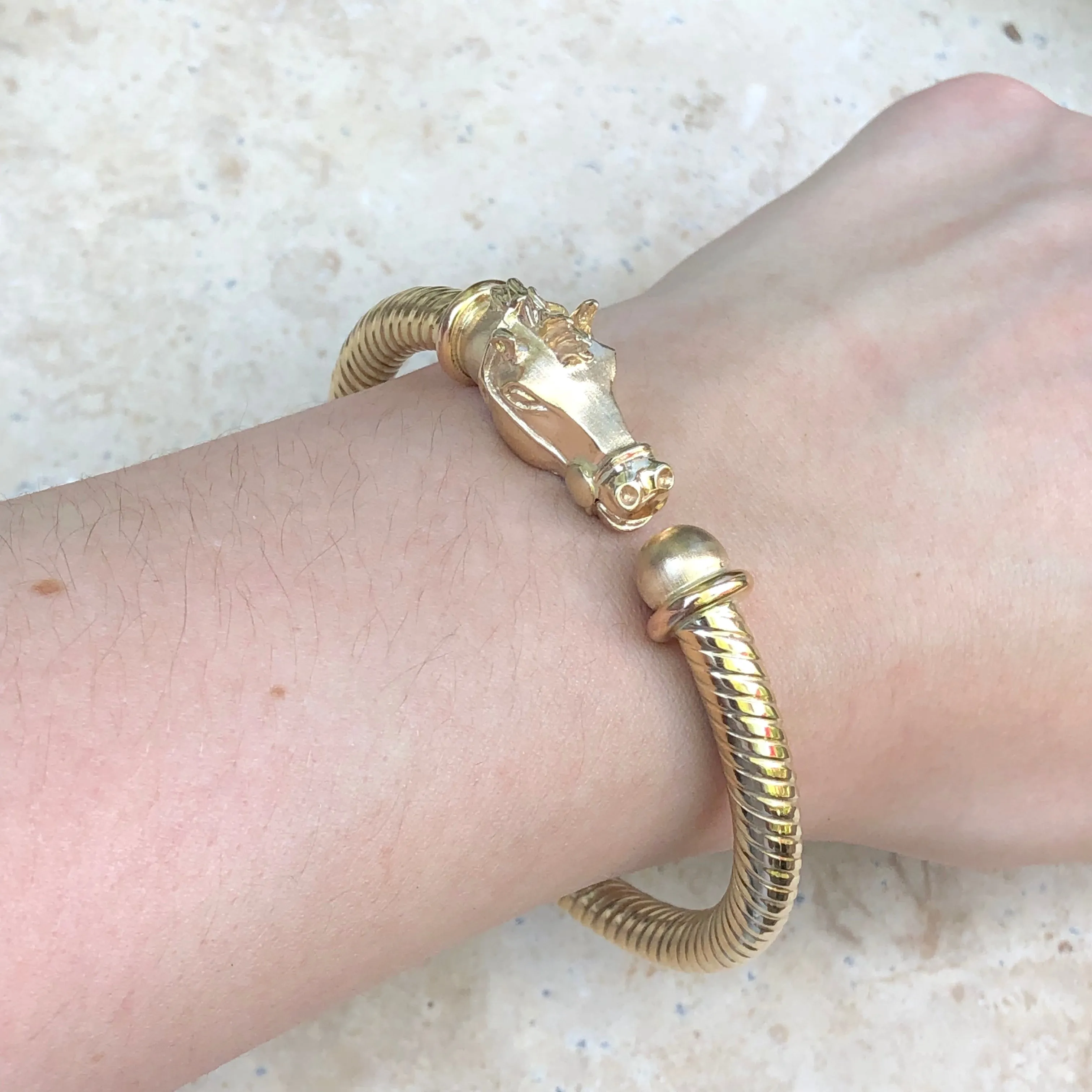 Estate 14KT Yellow Gold Coiled Horse Head Cuff Bangle Bracelet