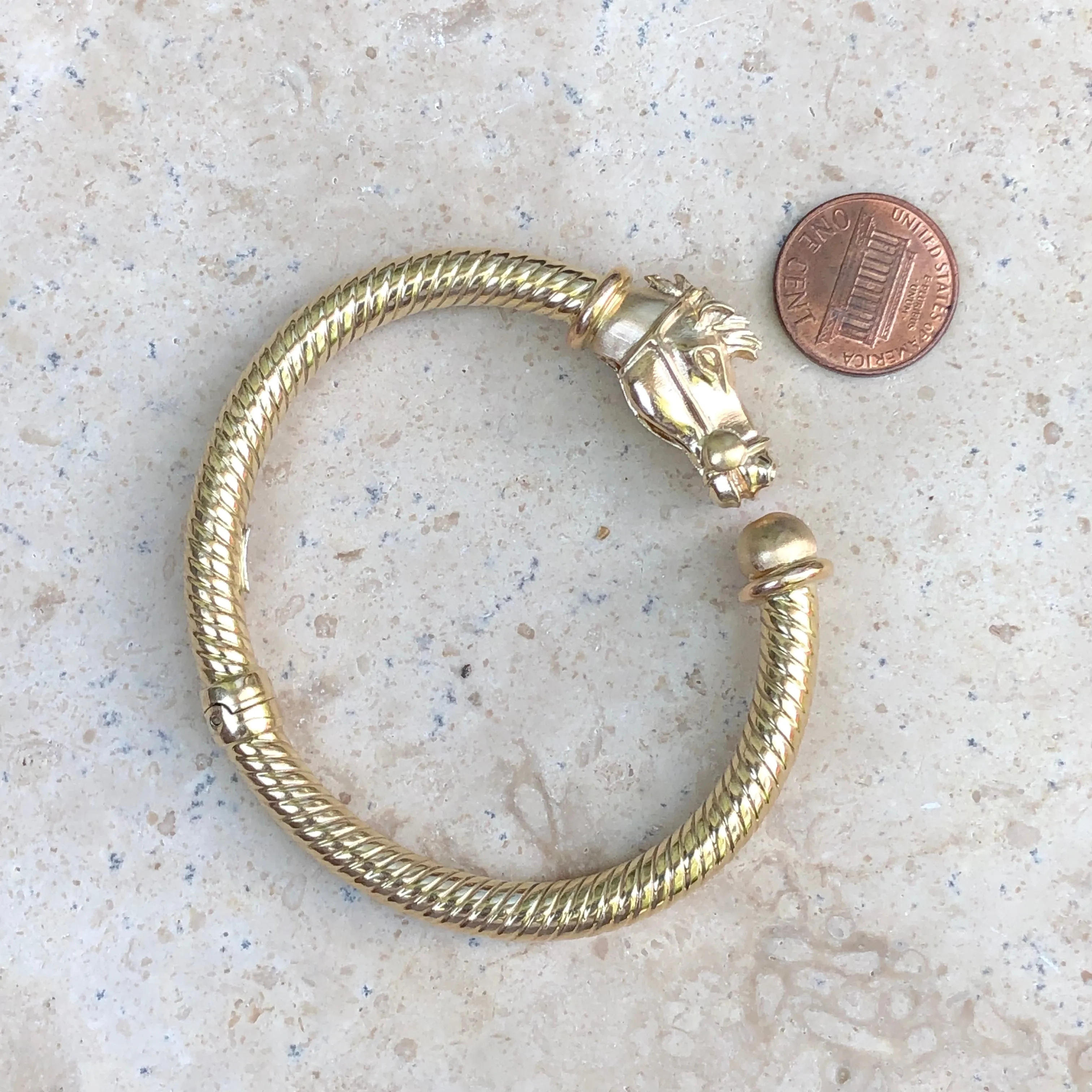 Estate 14KT Yellow Gold Coiled Horse Head Cuff Bangle Bracelet