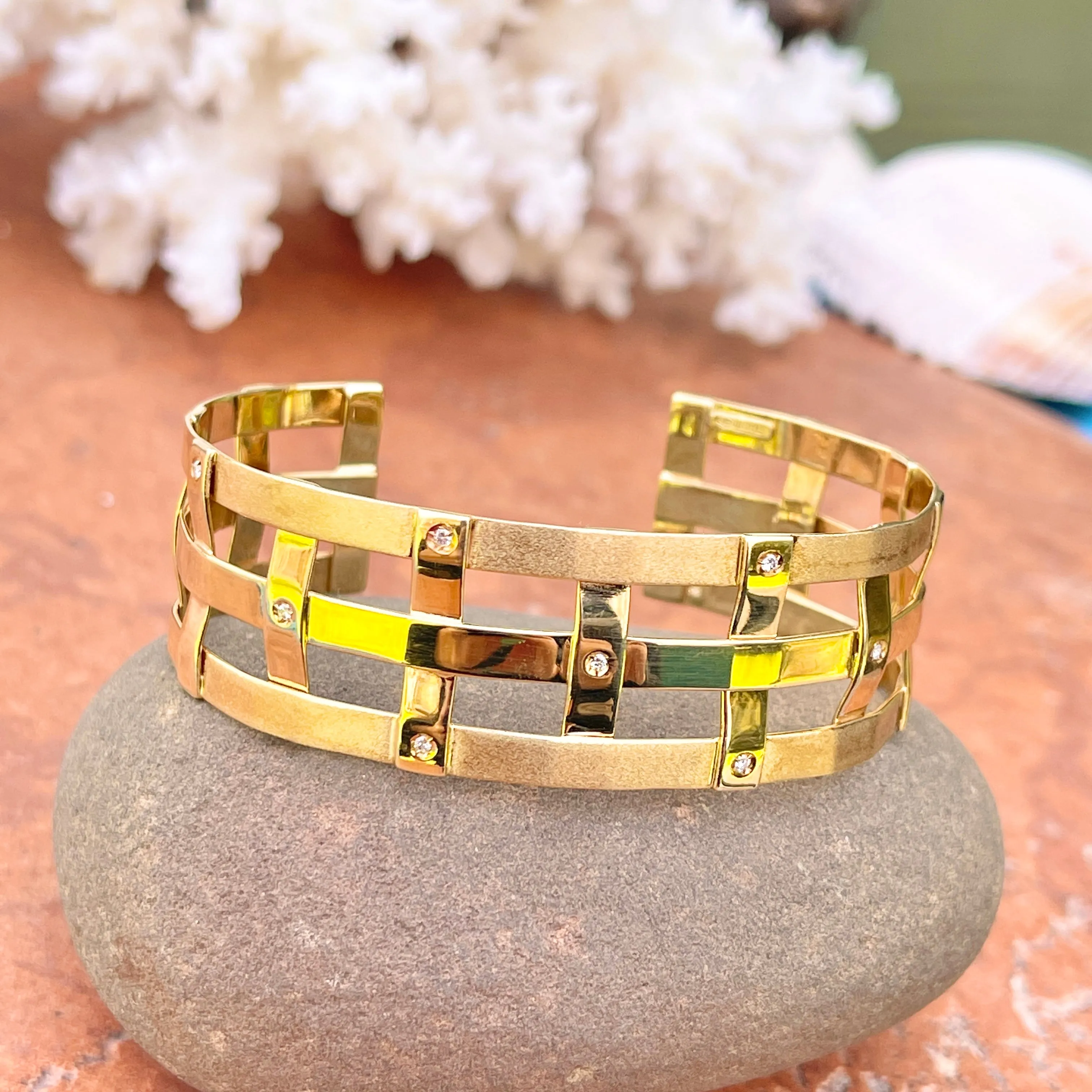 Estate 14KT Yellow Gold Matte Mid Century Scattered Diamond Cuff Bracelet