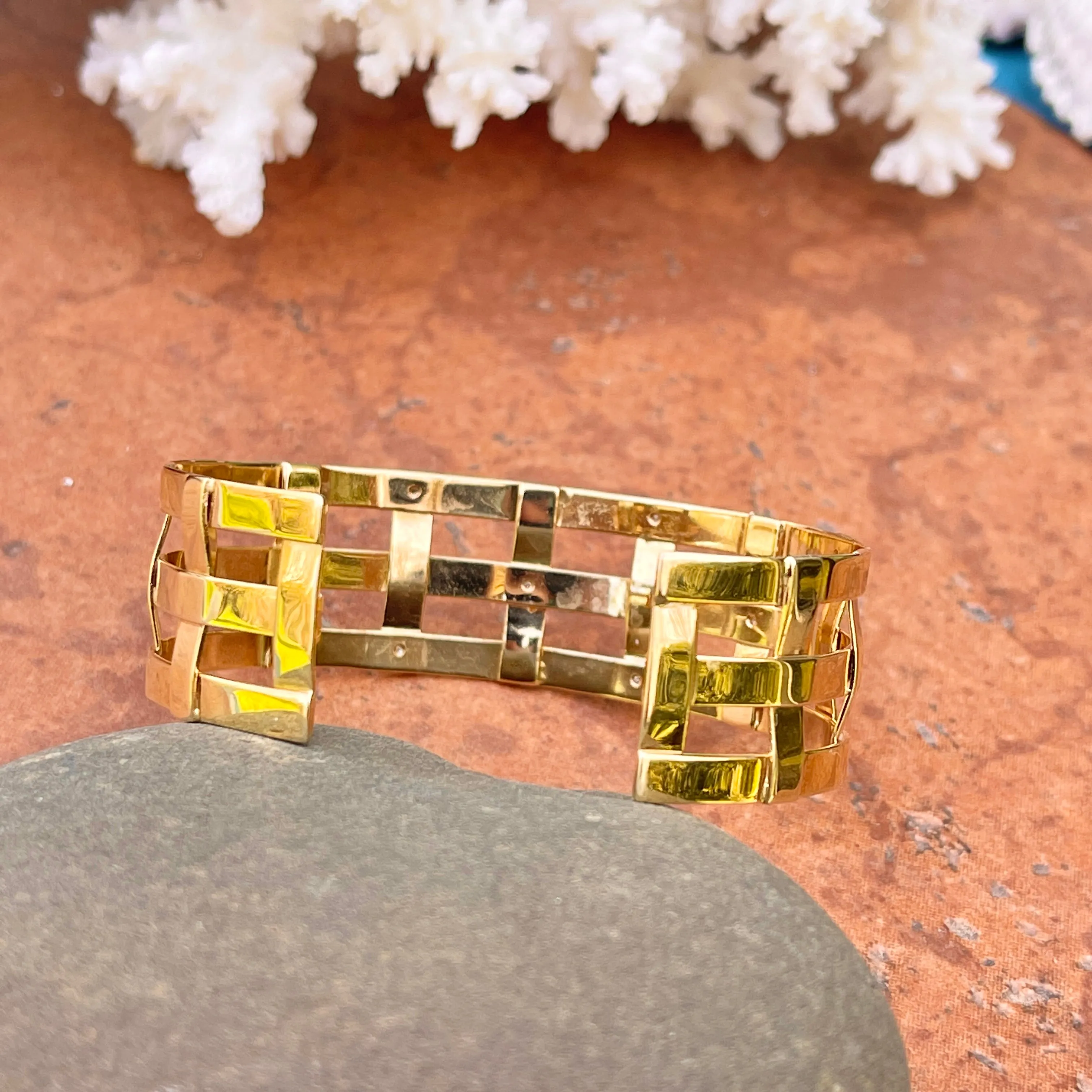 Estate 14KT Yellow Gold Matte Mid Century Scattered Diamond Cuff Bracelet