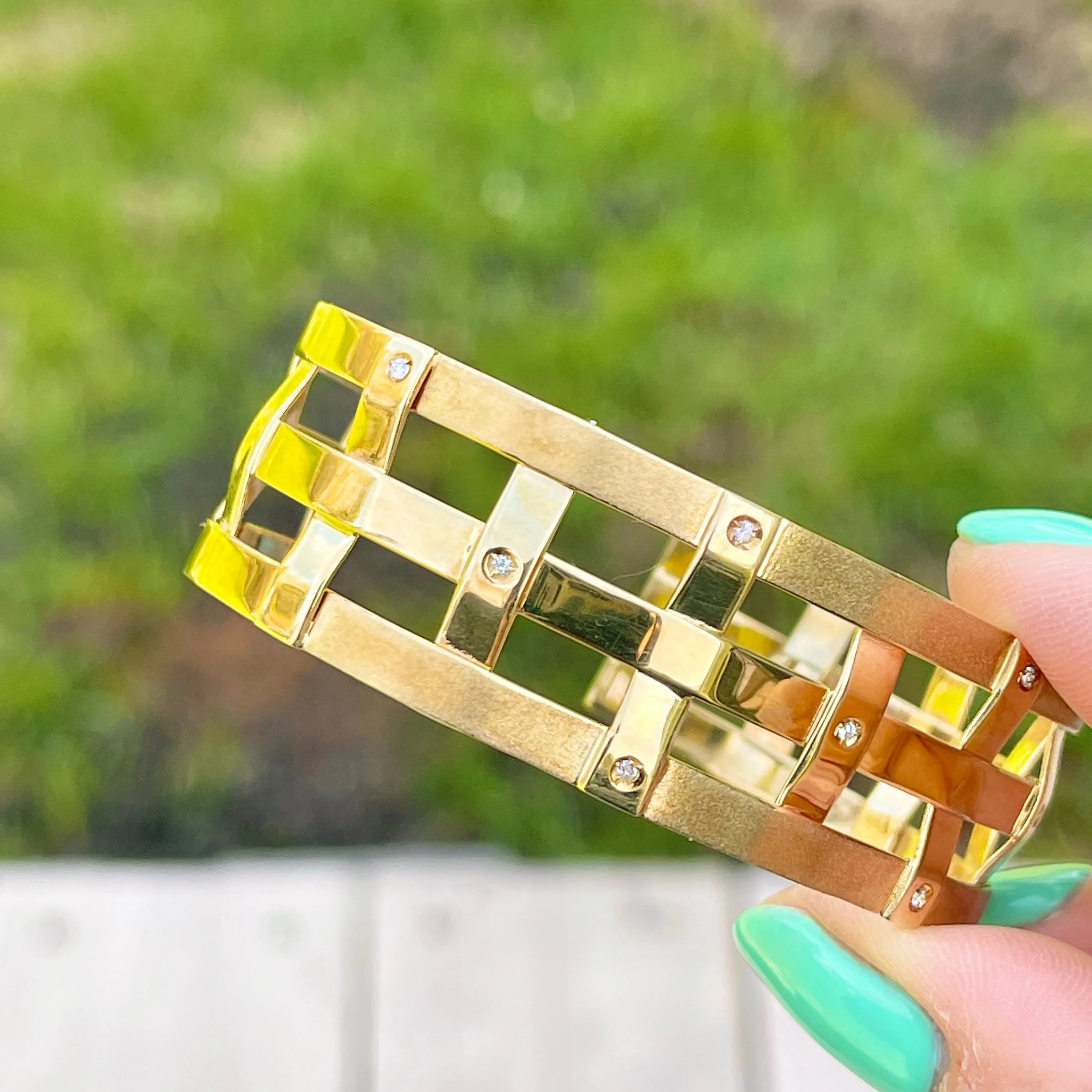 Estate 14KT Yellow Gold Matte Mid Century Scattered Diamond Cuff Bracelet