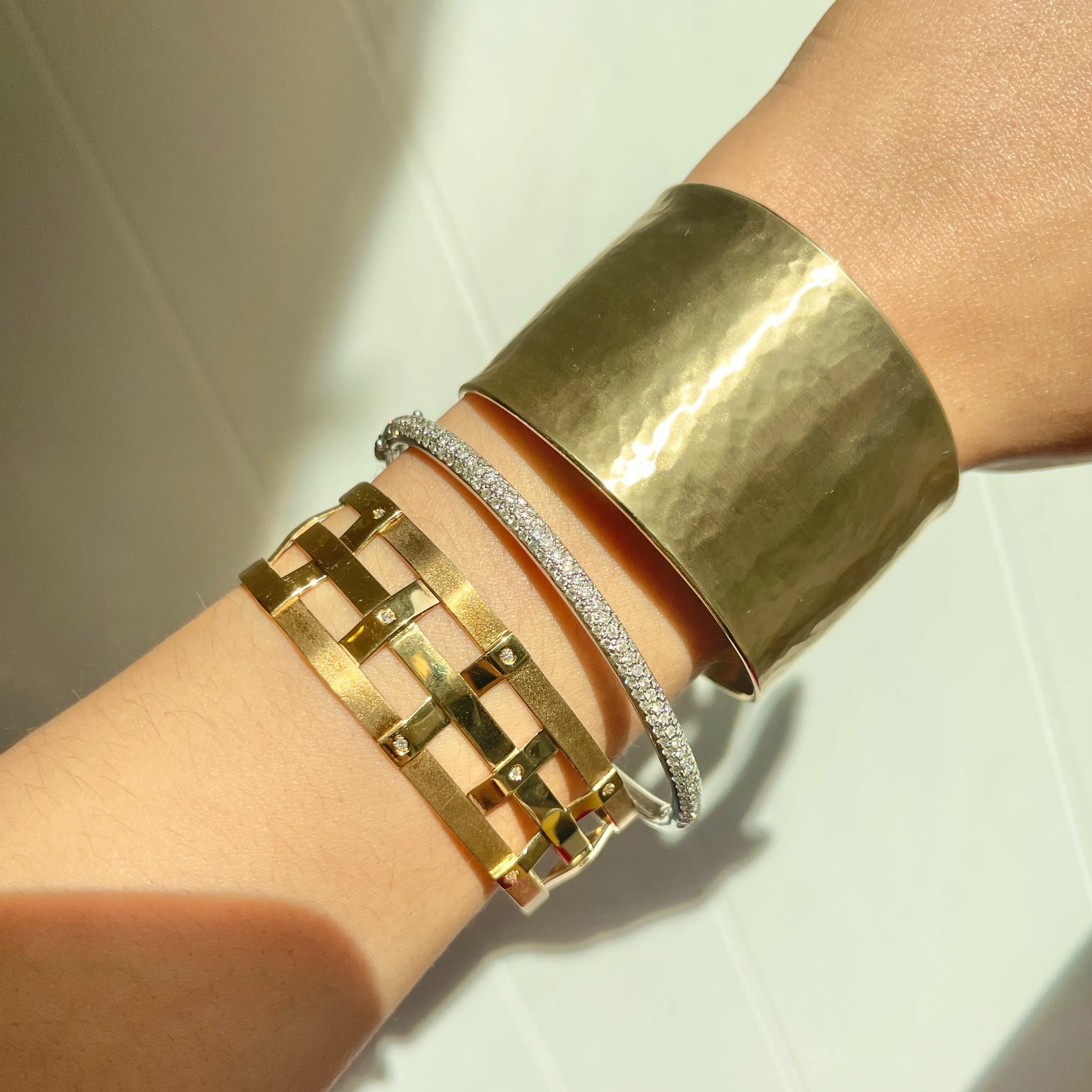 Estate 14KT Yellow Gold Matte Mid Century Scattered Diamond Cuff Bracelet