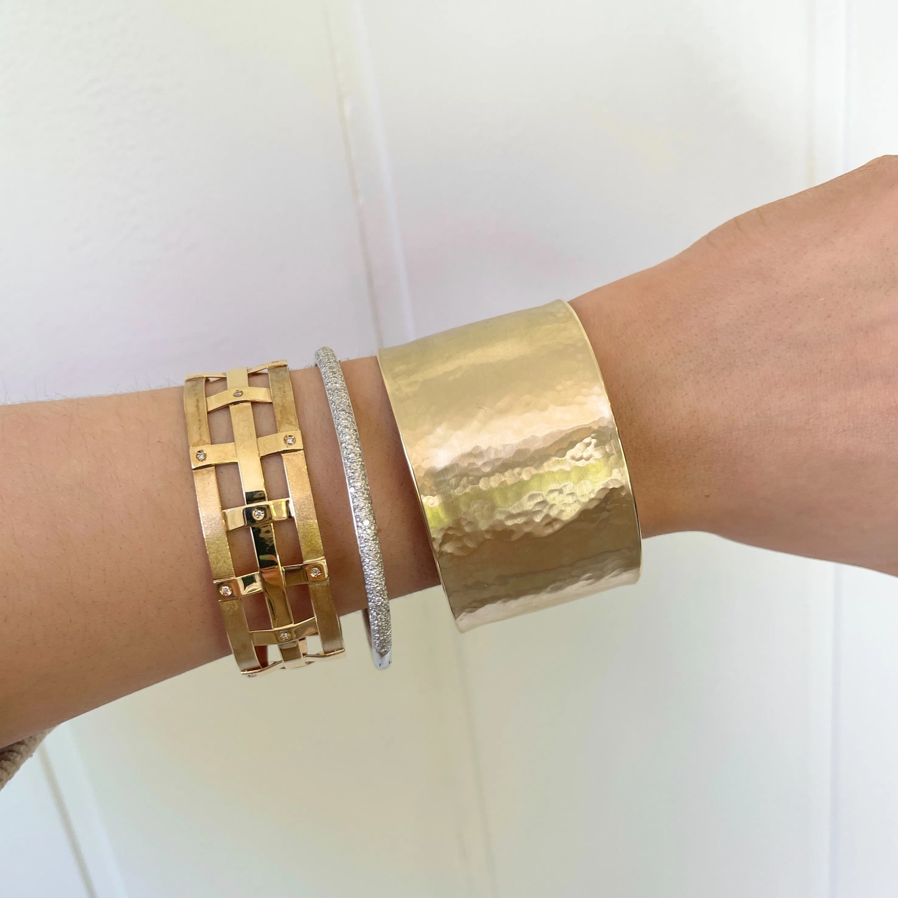 Estate 14KT Yellow Gold Matte Mid Century Scattered Diamond Cuff Bracelet