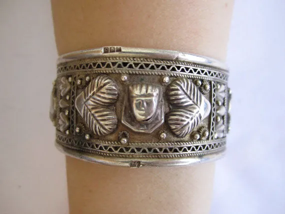 Estate Sterling Bracelet Cuff, Artisan Handmade Repousse Heart