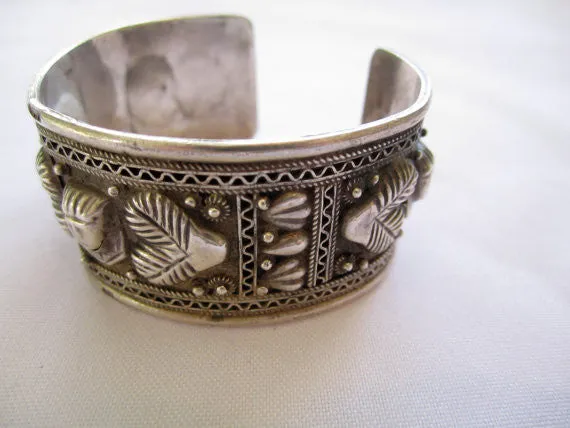 Estate Sterling Bracelet Cuff, Artisan Handmade Repousse Heart