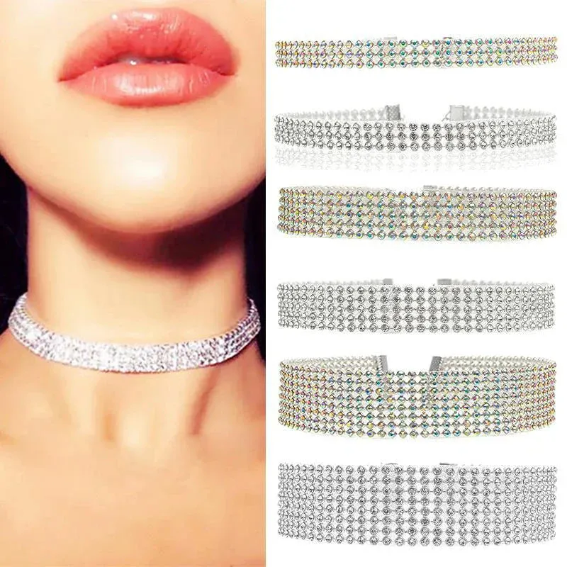 European Style Women Bundle Neck Element Necklace Jewelry Punk Hip Hop Choker Inlay Rhinestone Collar Gift