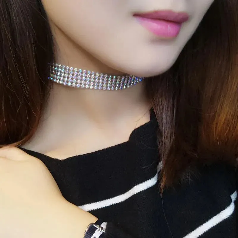European Style Women Bundle Neck Element Necklace Jewelry Punk Hip Hop Choker Inlay Rhinestone Collar Gift