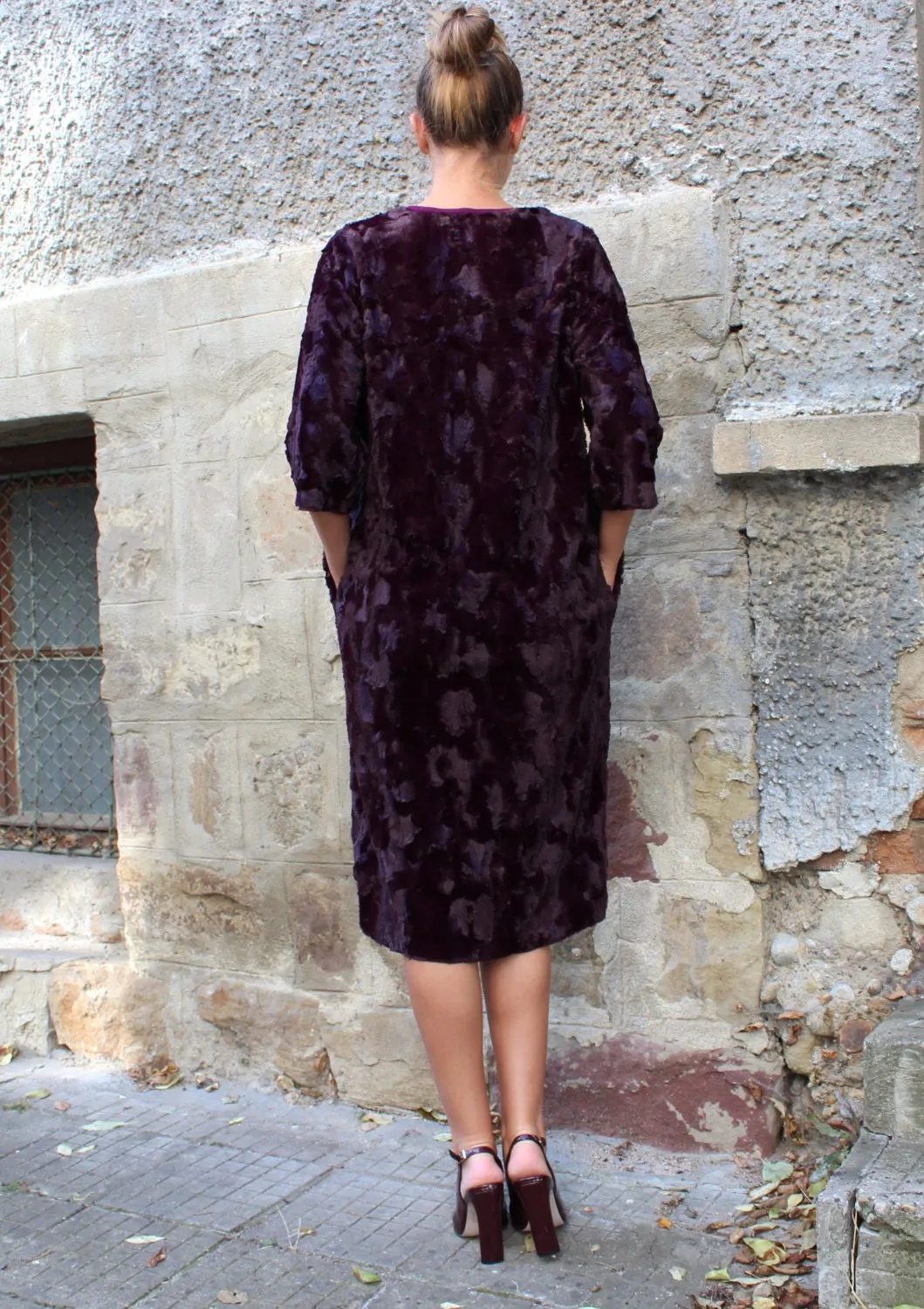 Extravagant Marsala Dress, Blouse Dress for Winter, Comfortable Dress, Fur Midi Dress, Plus Size Clothing, Maroon Winter Dress