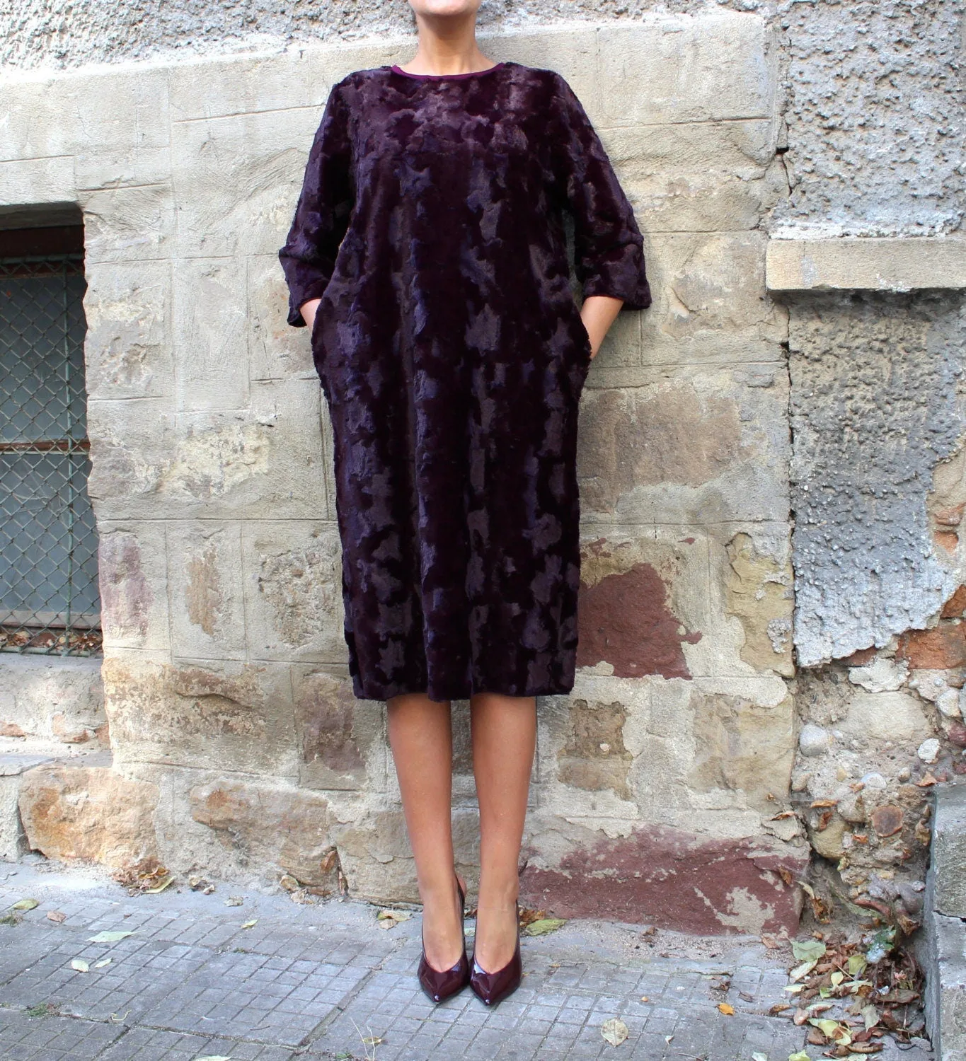 Extravagant Marsala Dress, Blouse Dress for Winter, Comfortable Dress, Fur Midi Dress, Plus Size Clothing, Maroon Winter Dress