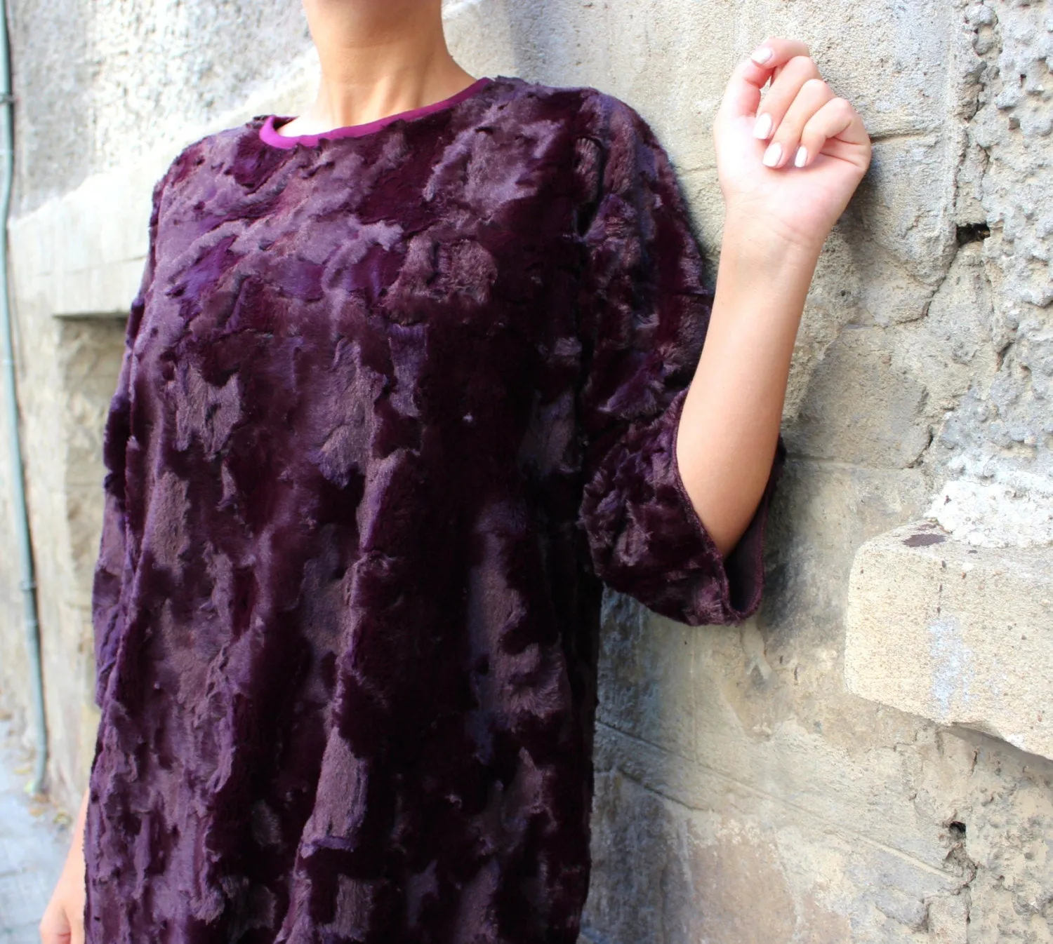 Extravagant Marsala Dress, Blouse Dress for Winter, Comfortable Dress, Fur Midi Dress, Plus Size Clothing, Maroon Winter Dress