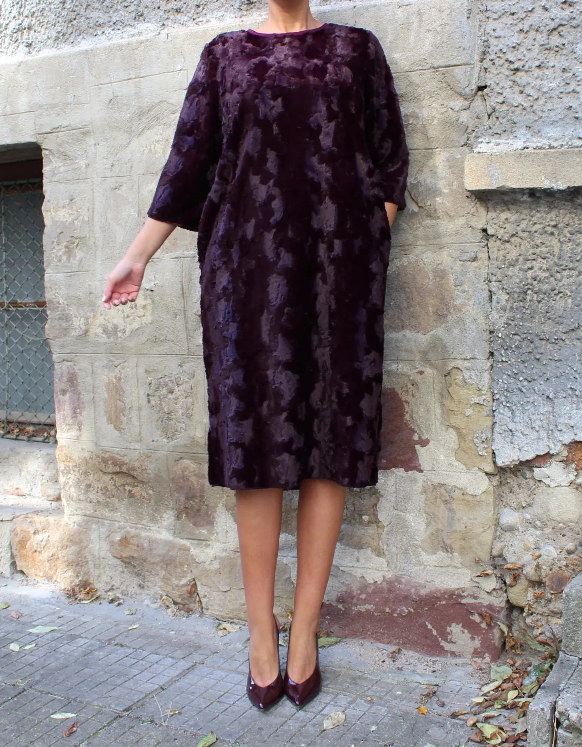 Extravagant Marsala Dress, Blouse Dress for Winter, Comfortable Dress, Fur Midi Dress, Plus Size Clothing, Maroon Winter Dress