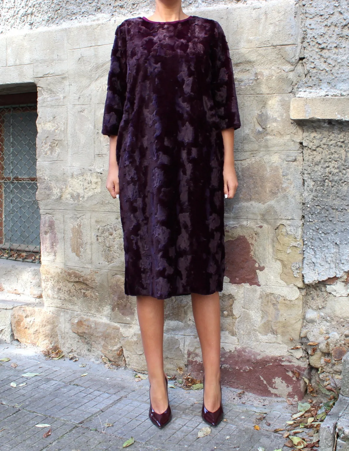 Extravagant Marsala Dress, Blouse Dress for Winter, Comfortable Dress, Fur Midi Dress, Plus Size Clothing, Maroon Winter Dress
