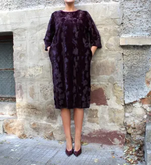 Extravagant Marsala Dress, Blouse Dress for Winter, Comfortable Dress, Fur Midi Dress, Plus Size Clothing, Maroon Winter Dress