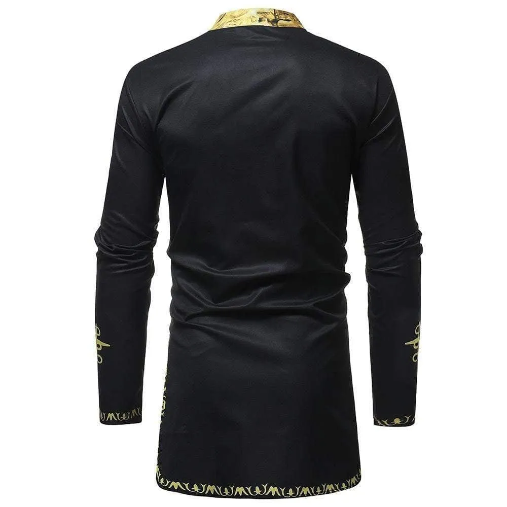 Fashion African Style Black Luxury Golden Printed Man Casual Dashiki Long Shirts Plus Size Riche Bazin Africa Men Clothing Tops