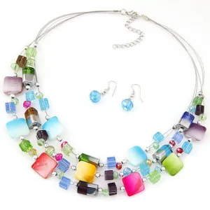 Fashion Vintage Jewelry Sets Bohemian Crystal Multi layer Beads Colorful Necklace Earring Set Wedding Accessories bijoux