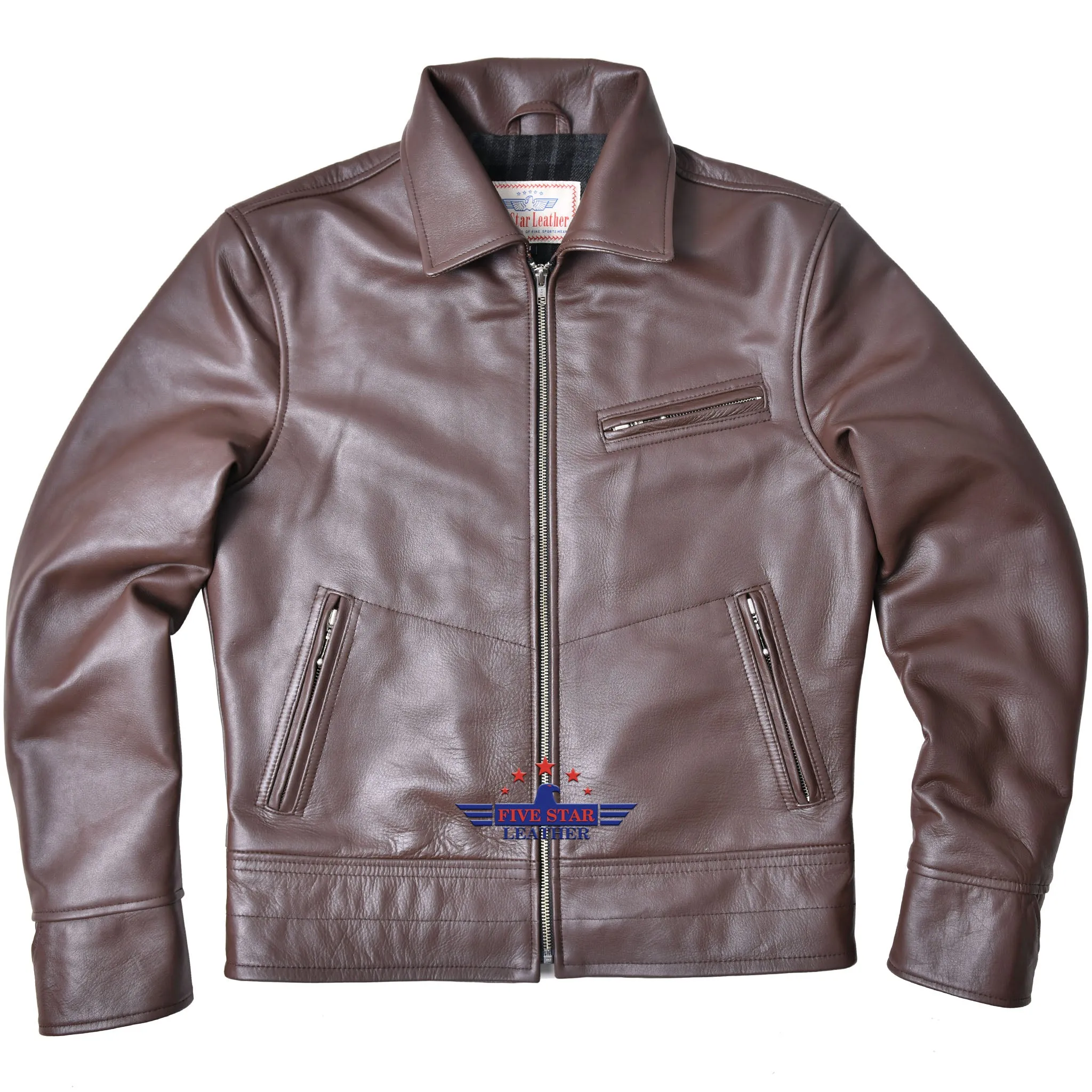 FiveStar Leather Sportswear Vintage Custom 1930s Horse Hide Mid Brown Leather Jacket