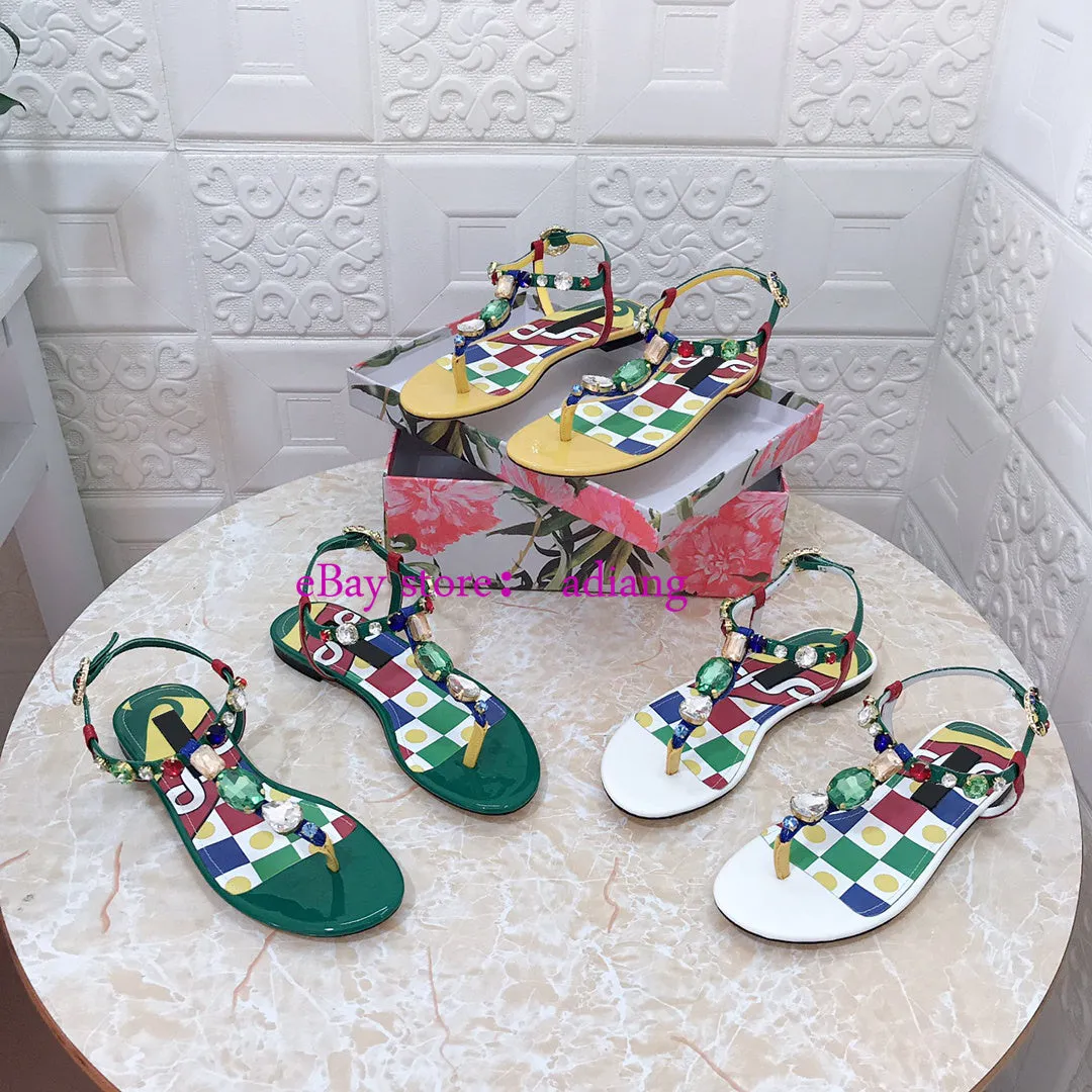 flats print leather rhinestone flip flops sandals grace women 2023 35-43 high quality