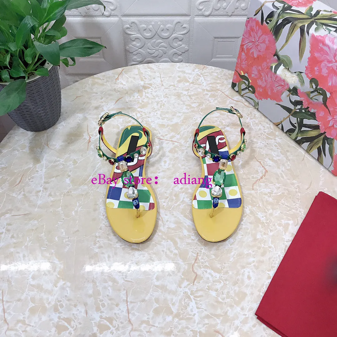 flats print leather rhinestone flip flops sandals grace women 2023 35-43 high quality