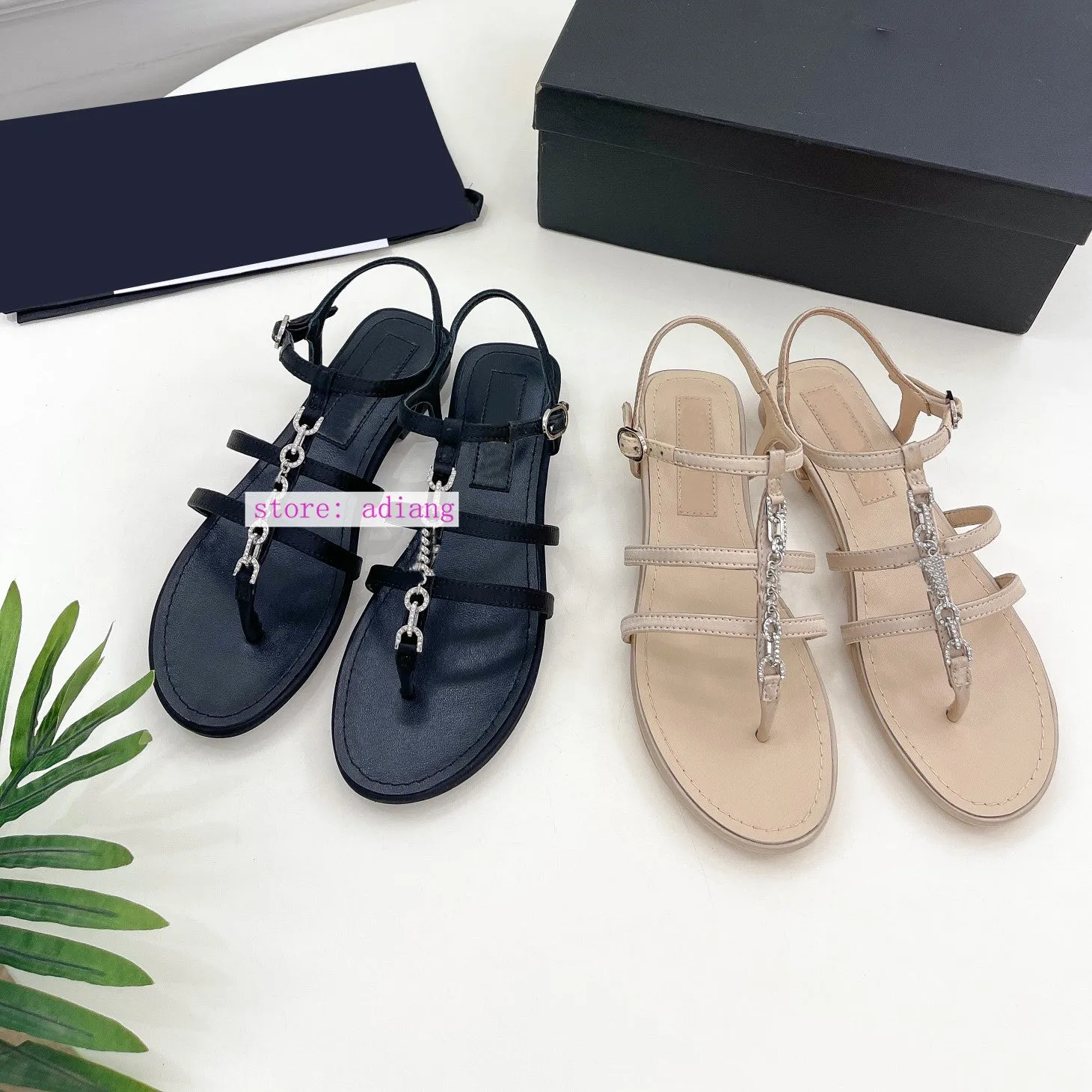 flip flops flats rhinestone leather sandals fashion women shoes 2023 apricot black 35-41