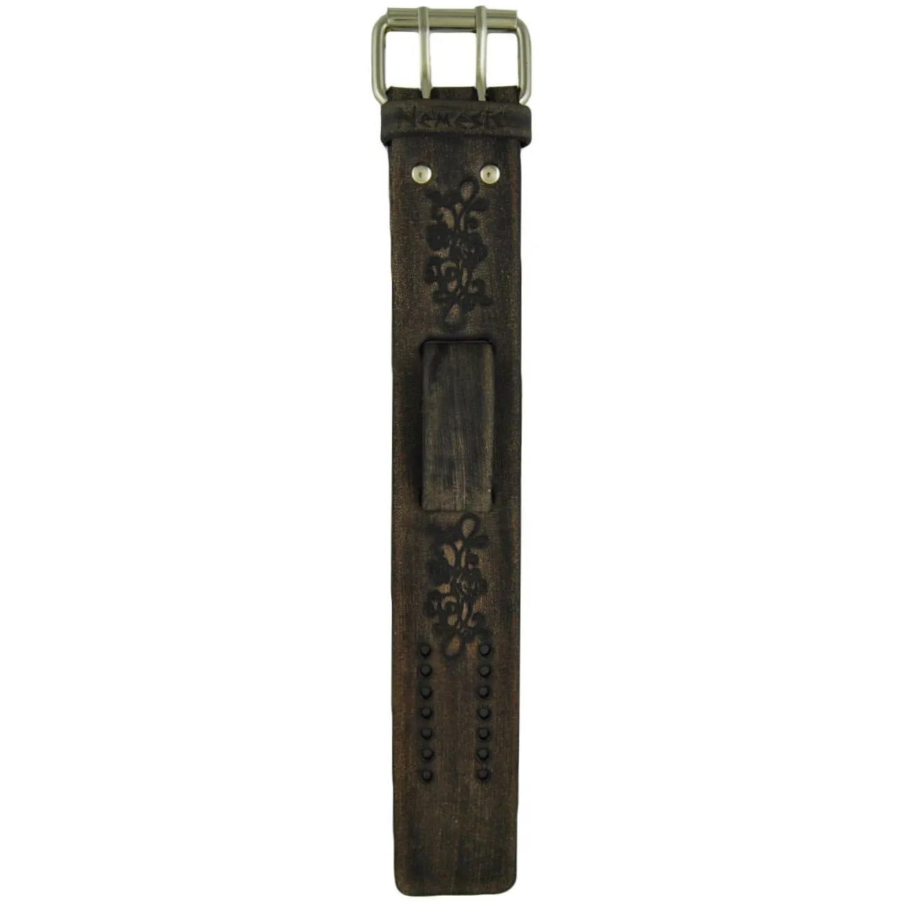 Flower Embossed Distressed Dark Brown Leather Ladies Cuff