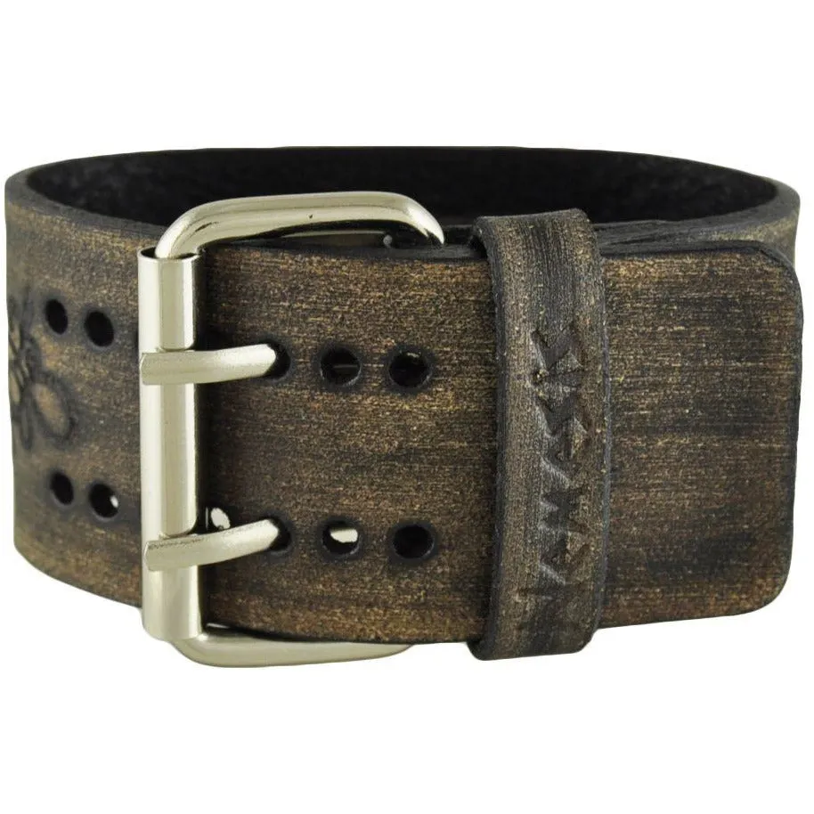 Flower Embossed Distressed Dark Brown Leather Ladies Cuff