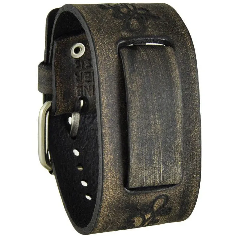 Flower Embossed Distressed Dark Brown Leather Ladies Cuff